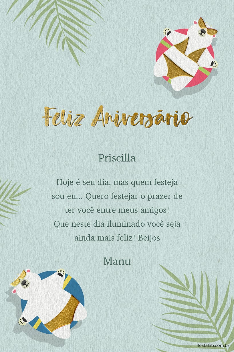 Cartao de Aniversario de 15 anos - Ursinhos Verao