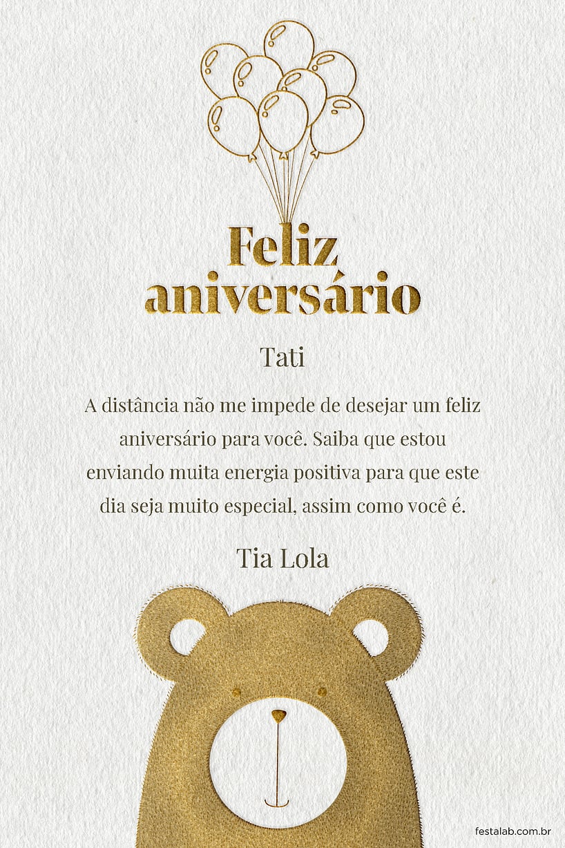 Cartao de Aniversario - Ursinho Dourado