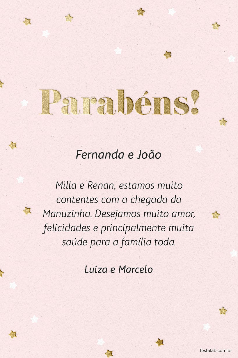 Cartao de Cha de bebe - Estrelas Rosa