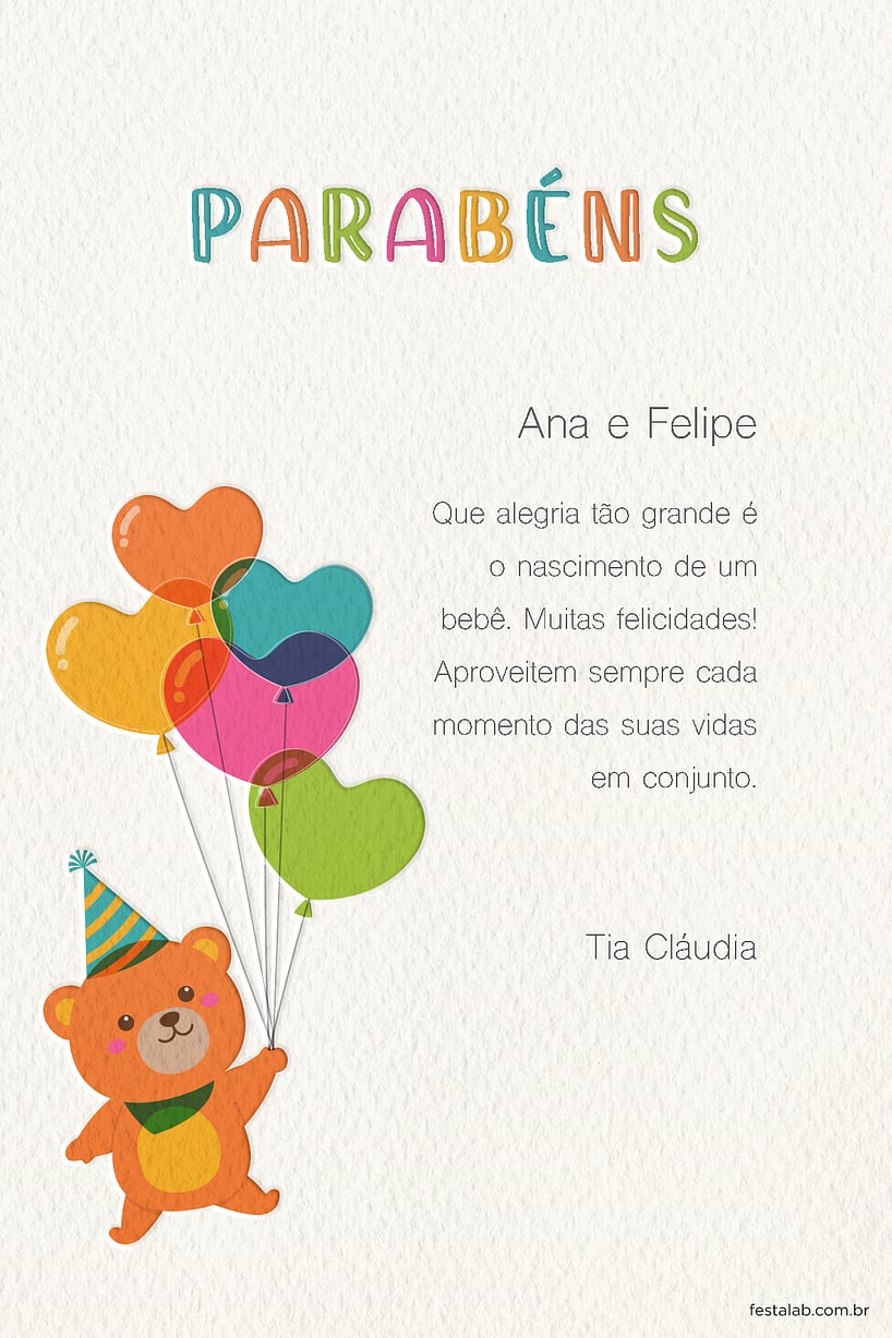 Crie seu Cartão de Chá de bebê - Ursinho Balões com a Festalab