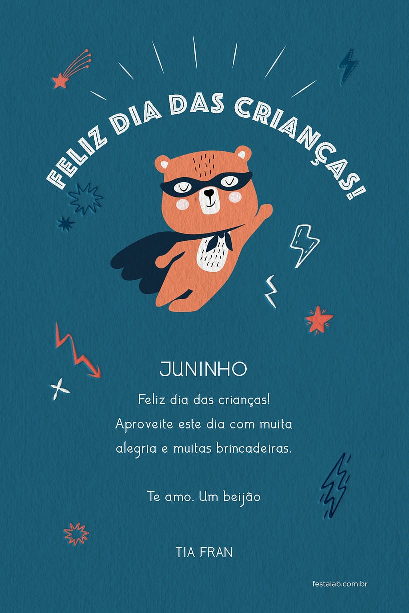 Crie seu Cartão de Ocasiões especiais - Heroi Ursinho - Dia das Crianças com a Festalab