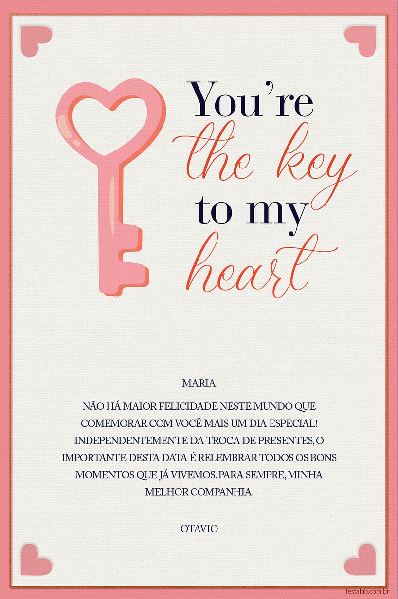 Crie seu Cartão de Ocasiões especiais - Key to my heart com a Festalab