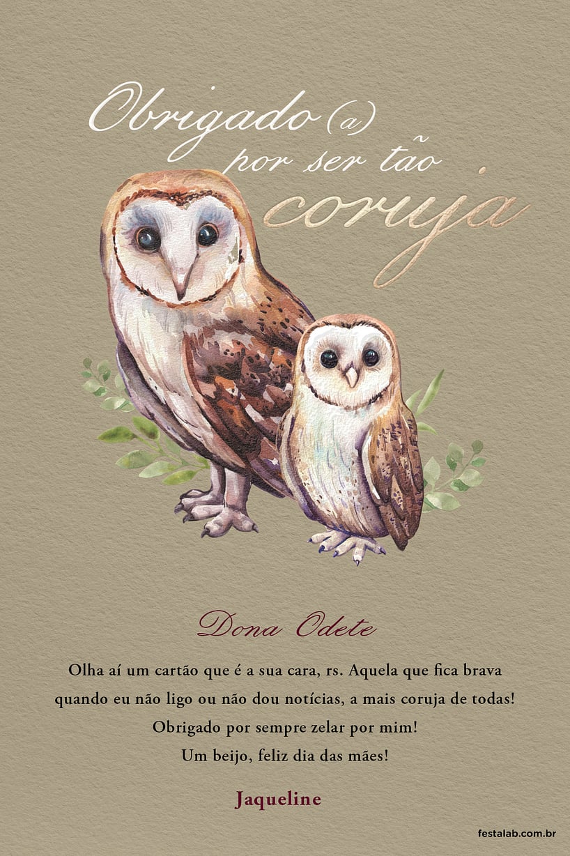 Cartao de Ocasioes especiais - Obrigado por ser tao coruja Fendi