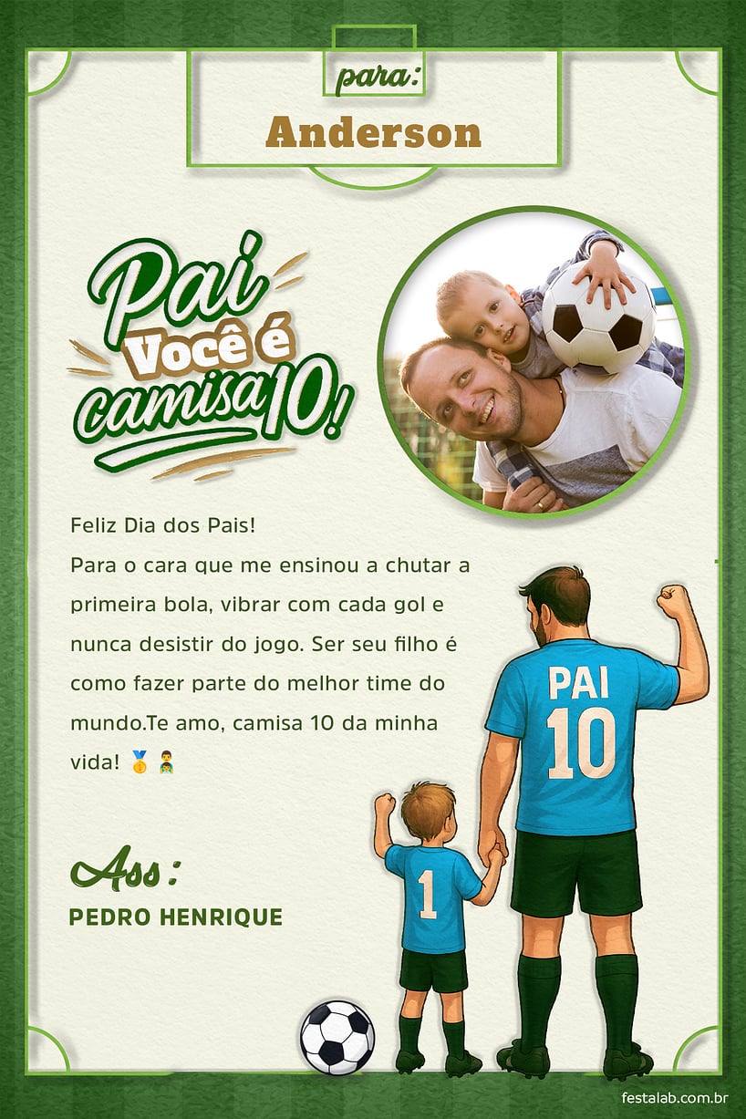 Crie seu Cartão de Ocasiões especiais - Pai camisa 10 com a Festalab