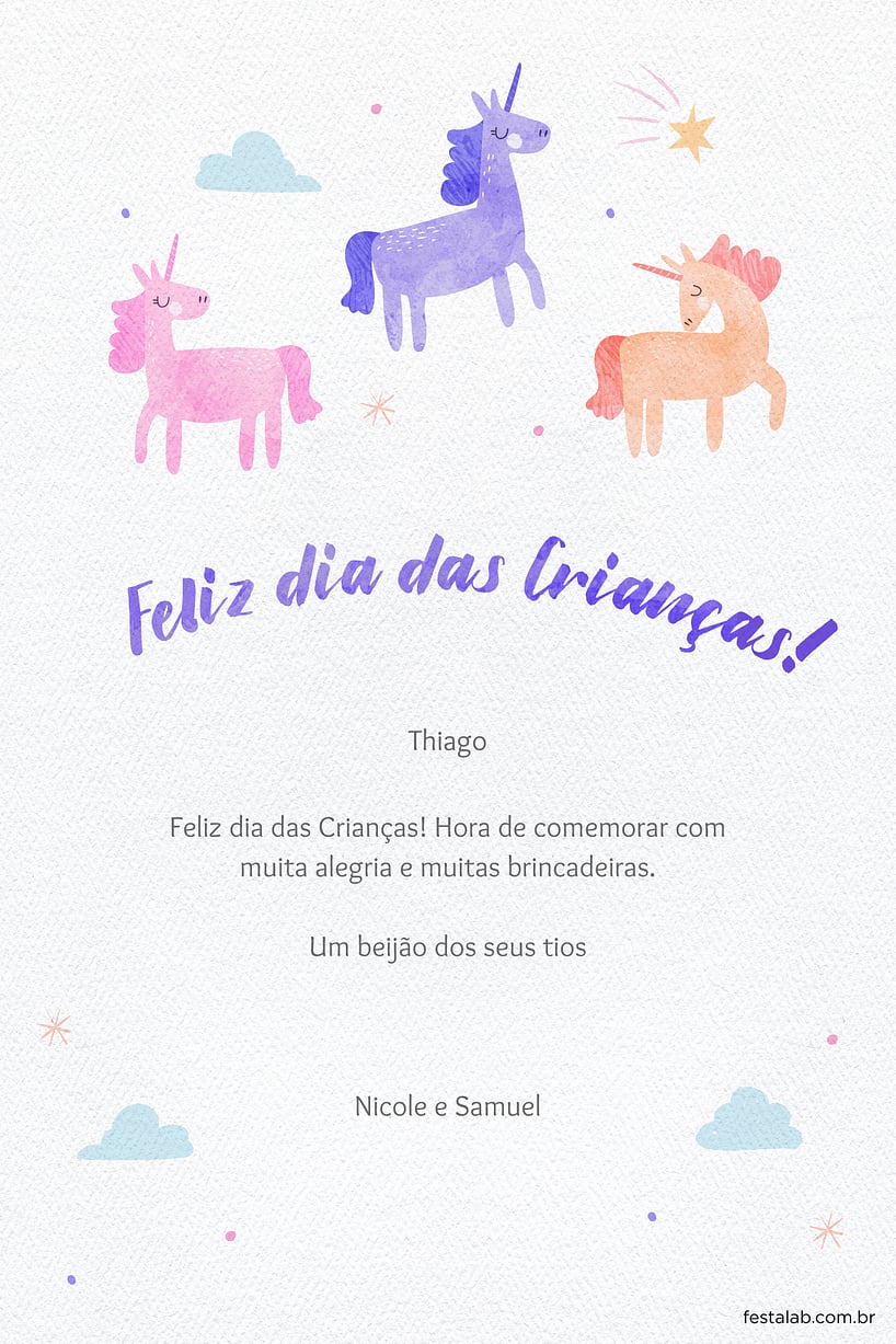 Cartao de Ocasioes especiais - Unicornio Aquarela - Dia das Criancas