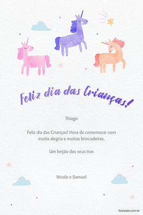 Cartao de Ocasioes especiais - Unicornio Aquarela - Dia das Criancas
