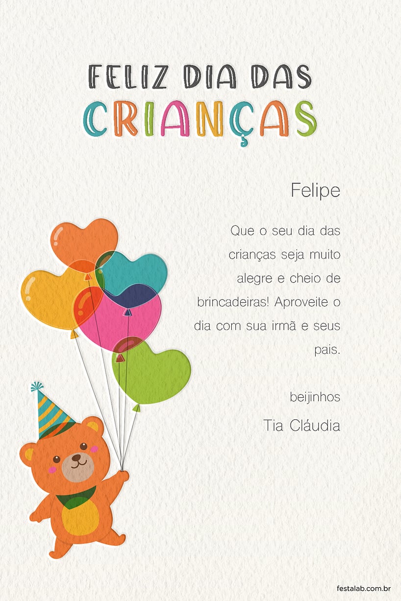 Crie seu Cartão de Ocasiões especiais - Ursinho Balões - Dia das Crianças com a Festalab