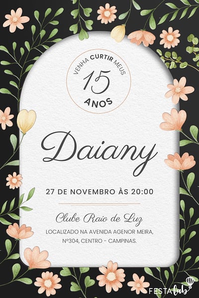 Modelo de Convite de Aniversario de 15 anos - 15 anos florido Criar convite de Aniversário de 15 anos - 15 anos florido| FestaLab