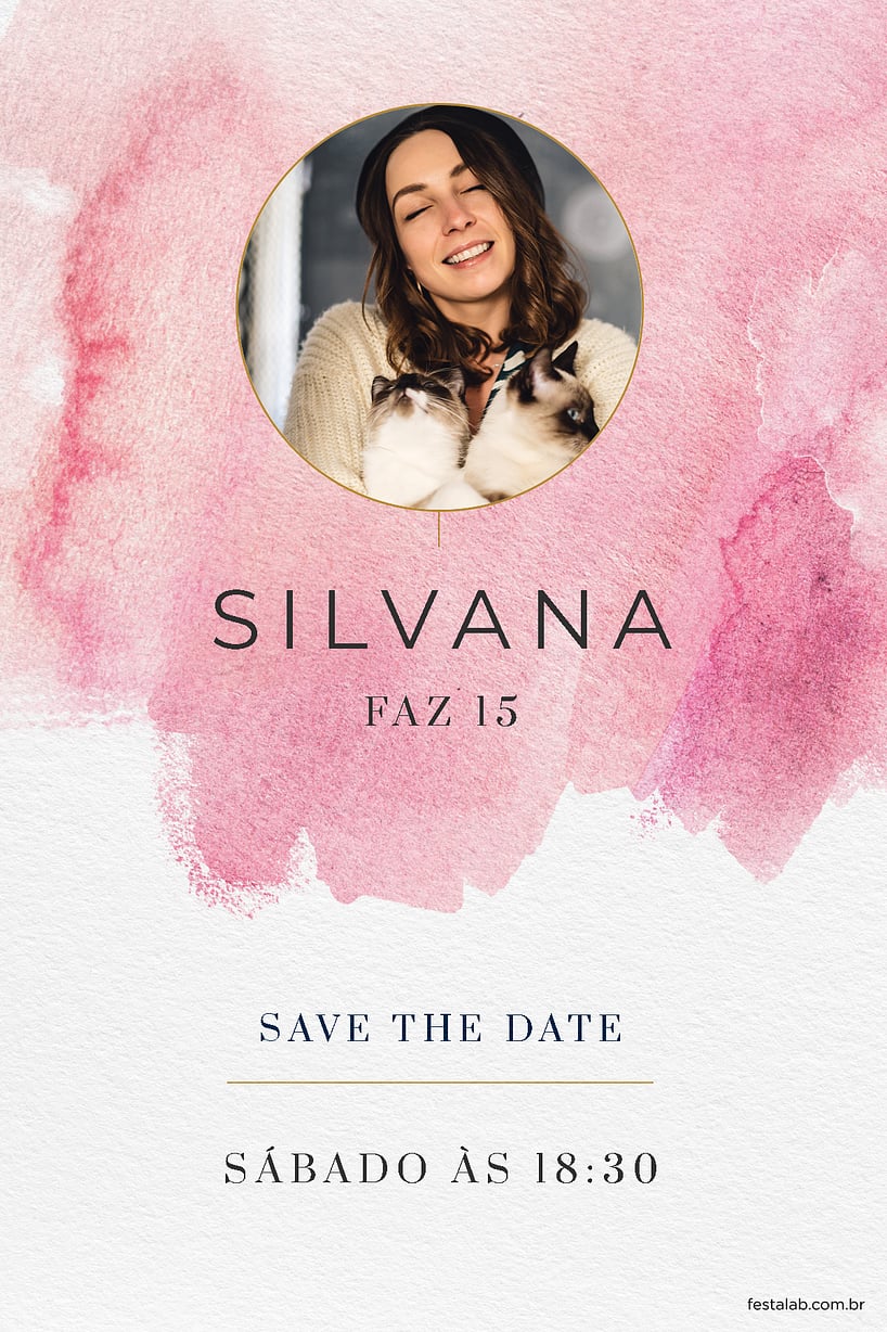 Convite de Aniversario de 15 anos - Aquarela rosa