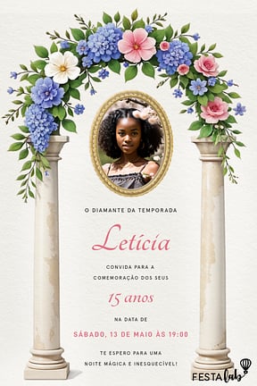 Convite de Aniversario de 15 anos - Arco de Hortensias de Bridgerton