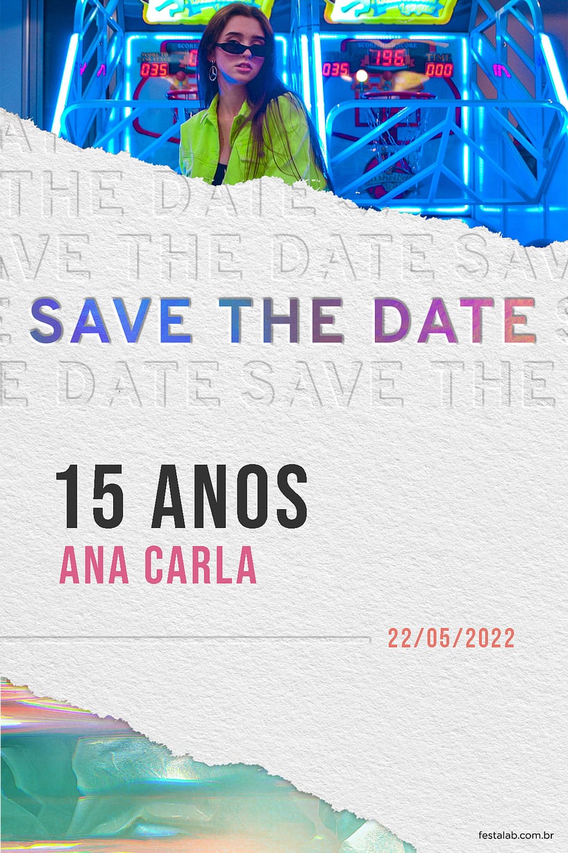 Convite Estilo Holográfico Rosa e Verde grátis para editar