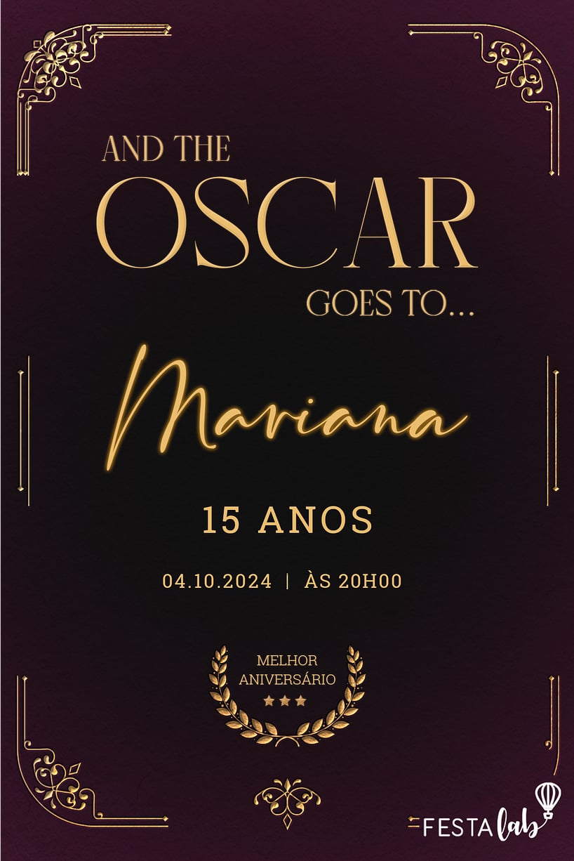 Modelo de Convite de Aniversario de 15 anos - Festa do Oscar Convite de Aniversario de 15 anos - Festa do Oscar