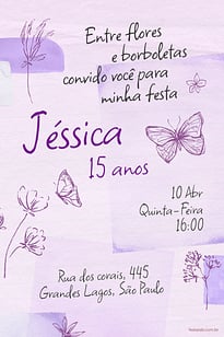 Modelo de Convite de Aniversario de 15 anos - Flores & Borboletas Lilas Convite Flores & Borboletas Lilás grátis para editar