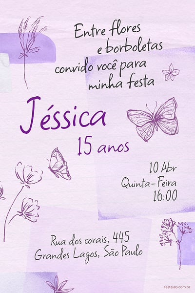Criar convite de Aniversário de 15 anos - Flores & Borboletas Lilás| FestaLab