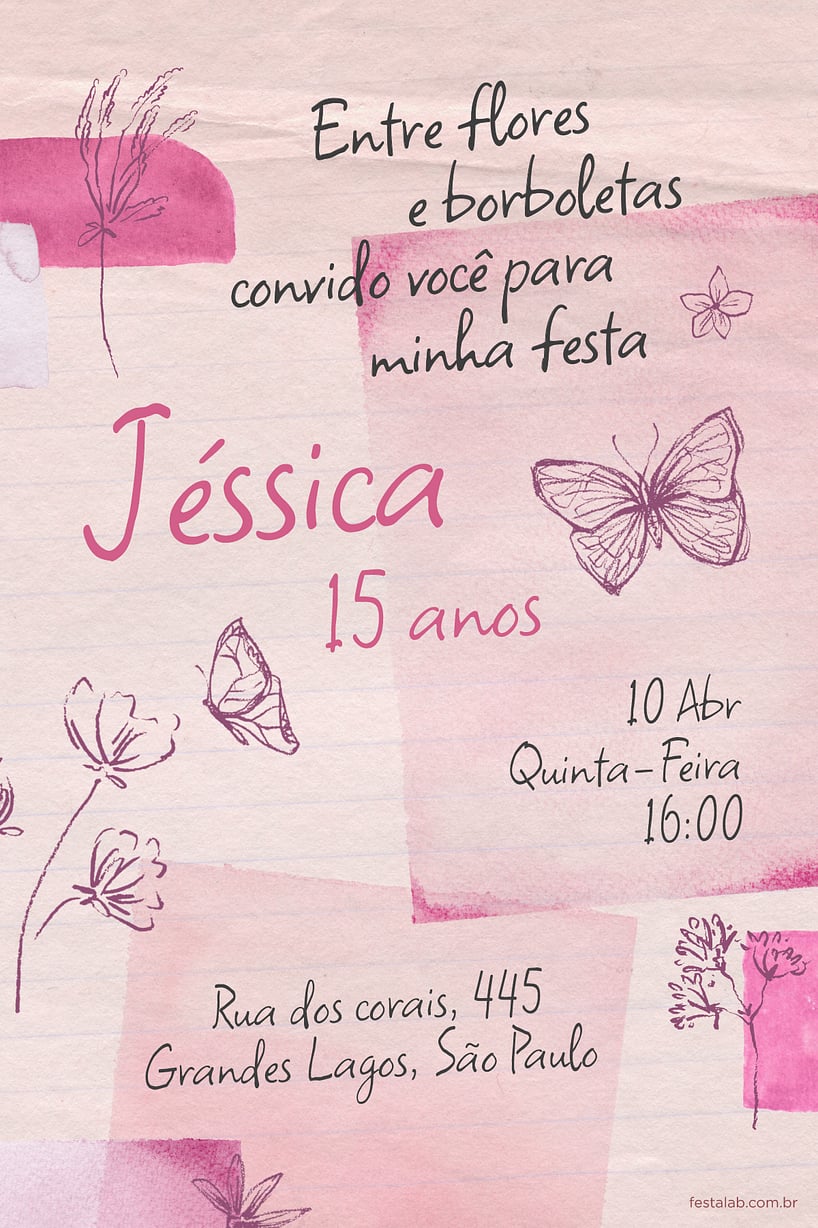 Criar convite de Aniversário de 15 anos - Flores & Borboletas Rosa| FestaLab