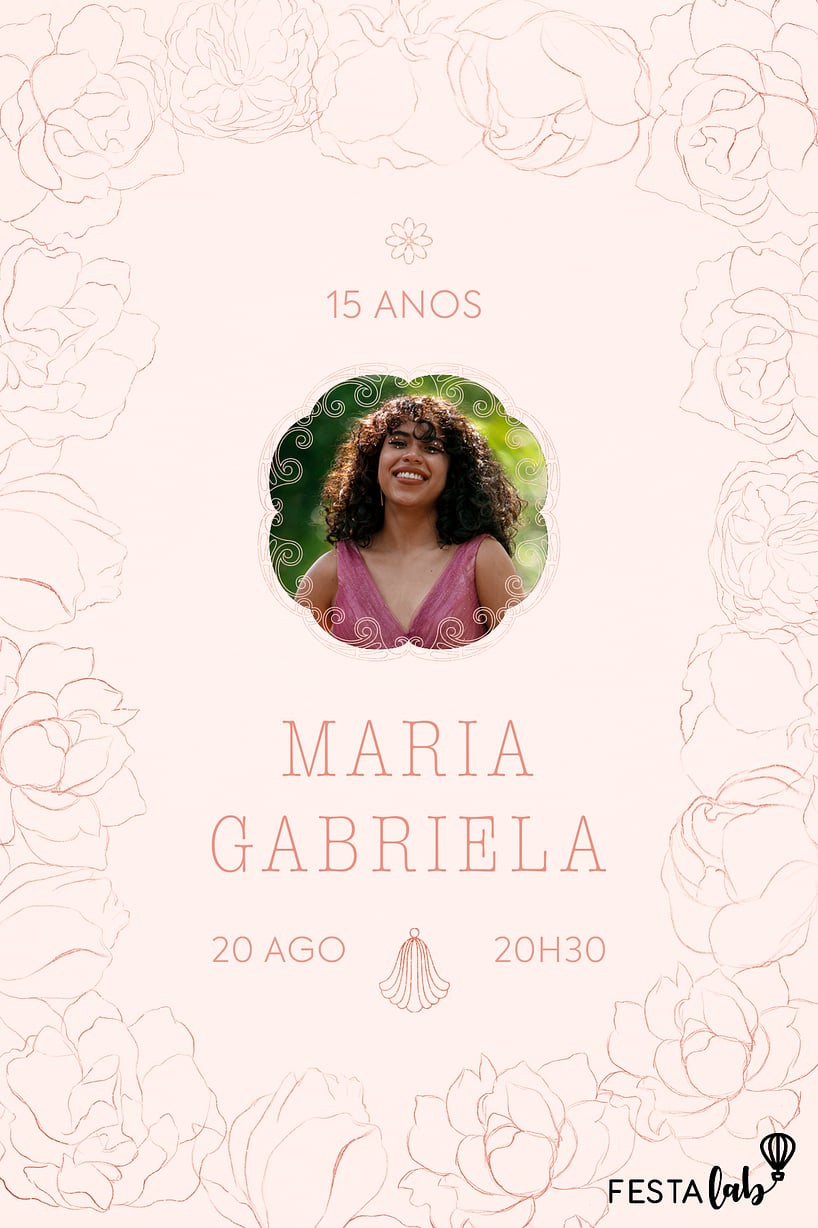 Modelo de Convite de Aniversario de 15 anos - Flores minimalistas Rose Criar convite de Aniversário de 15 anos - Flores minimalistas Rosé| FestaLab