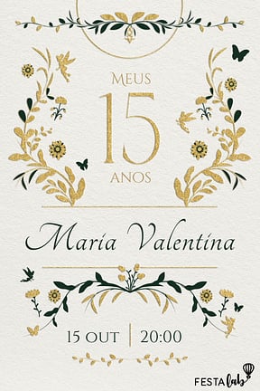 Modelo de Convite de Aniversario de 15 anos - Jardim dourado 15 anos Convite de Aniversario de 15 anos - Jardim dourado 15 anos