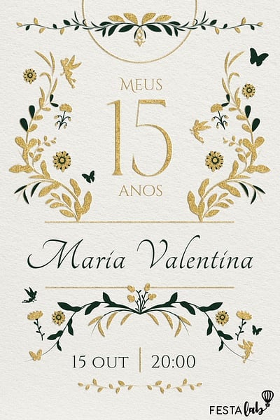 Modelo de Convite de Aniversario de 15 anos - Jardim dourado 15 anos Convite Jardim dourado 15 anos grátis para editar