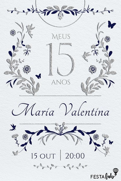 Modelo de Convite de Aniversario de 15 anos - Jardim azul 15 anos Convite Jardim azul 15 anos grátis para editar