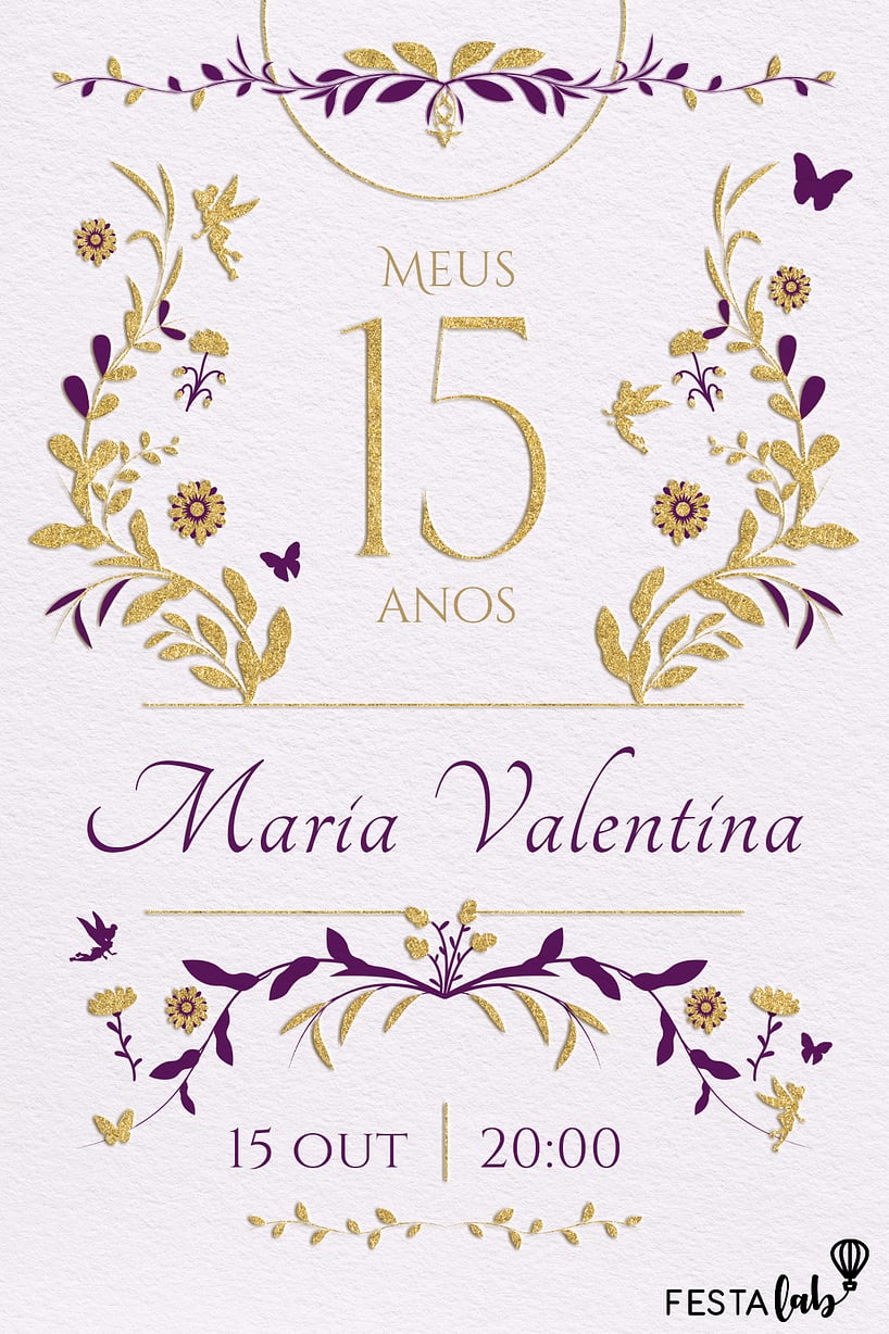 Criar convite de Aniversário de 15 anos - Jardim roxo 15 anos| FestaLab