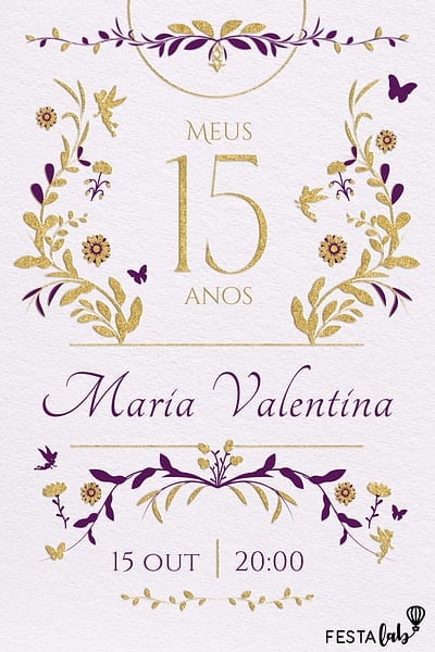 Modelo de Convite de Aniversario de 15 anos - Jardim roxo 15 anos Convite Jardim roxo 15 anos grátis para editar