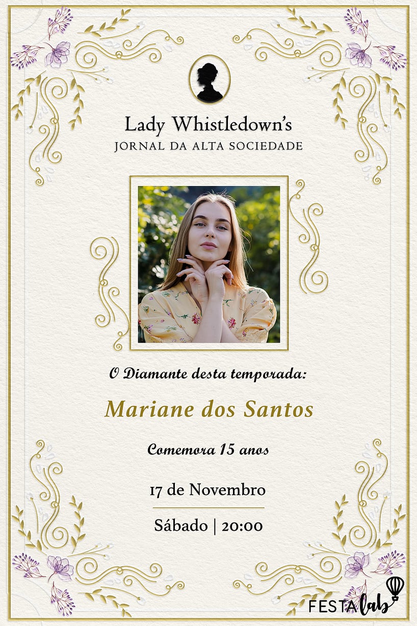 Modelo de Convite de Aniversario de 15 anos - Jornal da Lady Whistledown?s Convite Jornal da Lady Whistledown’s grátis para editar