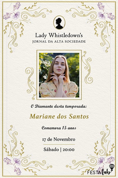 Modelo de Convite de Aniversario de 15 anos - Jornal da Lady Whistledown?s Convite Jornal da Lady Whistledown’s grátis para editar