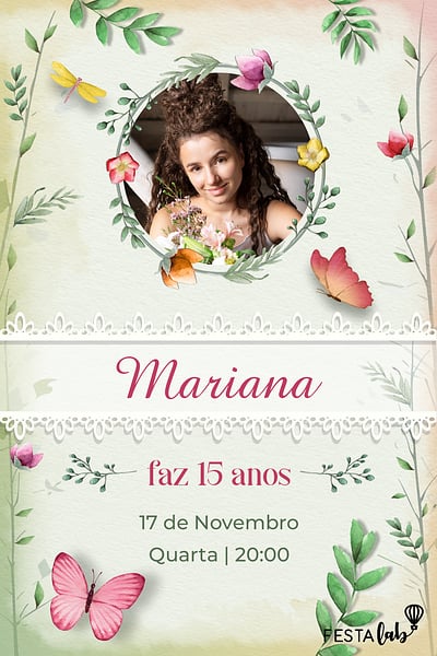 Modelo de Convite de Aniversario de 15 anos - Jardim Colorido Convite Jardim Colorido grátis para editar