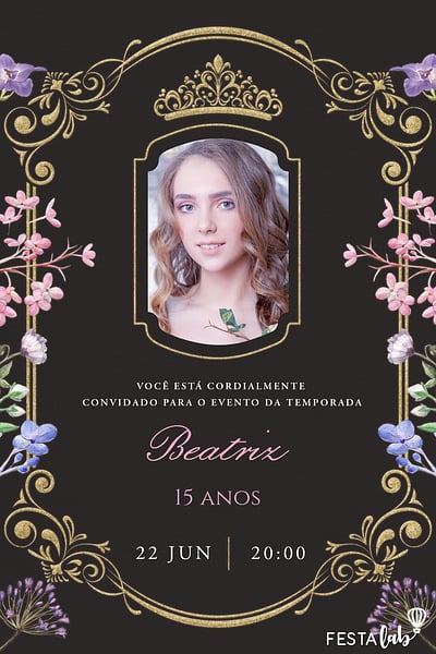 Modelo de Convite de Aniversario de 15 anos - Uma Noite Encantada e Florida Convite Uma Noite Encantada e Florida grátis para editar