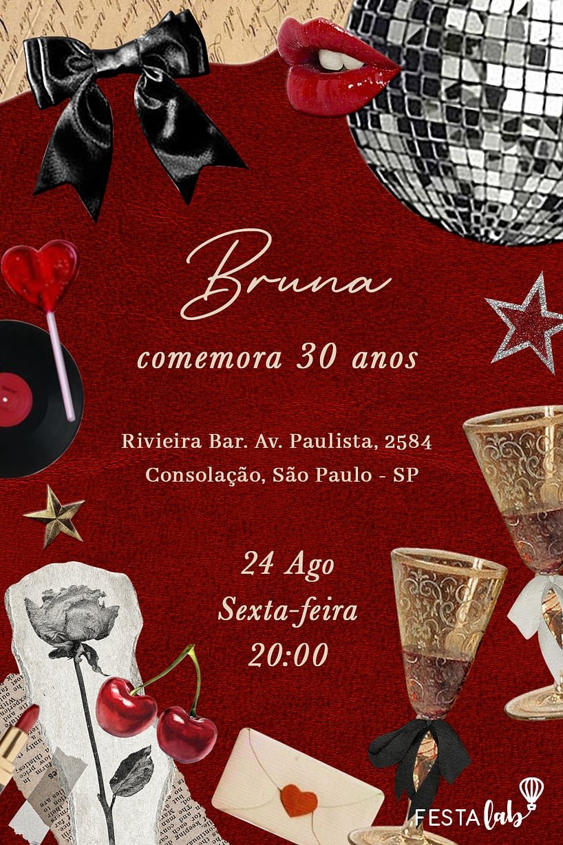 Criar convite de aniversário - Aesthetic Vermelho| FestaLab