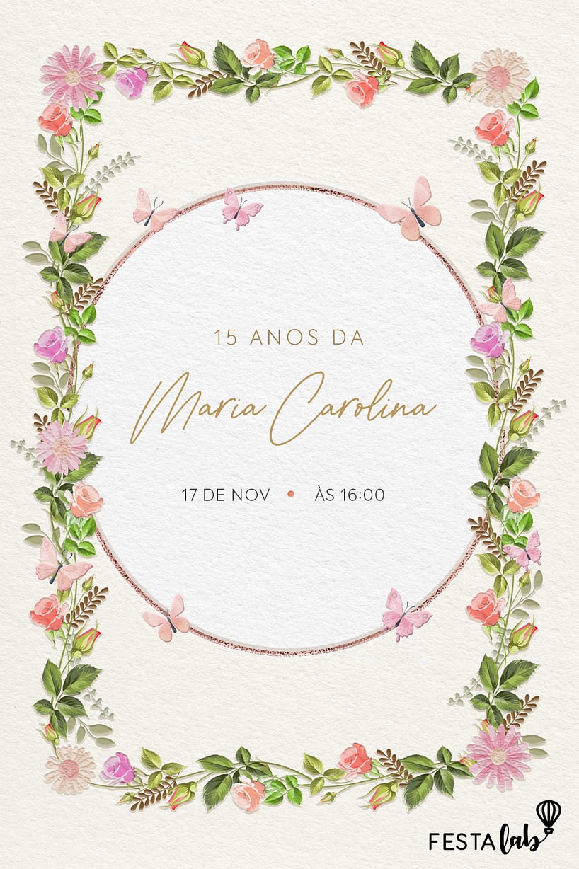 Modelo de Convite de Aniversario Adulto - Arco das borboletas Convite Arco das borboletas grátis para editar