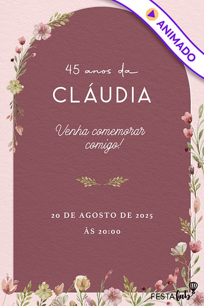 Modelo de Convite de Aniversario Adulto - Arco das Flores Rose Convite Arco das Flores Rose grátis para editar