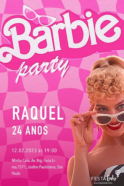 Modelo de Convite de Aniversario Adulto - Barbie Party Convite Barbie Party grátis para editar