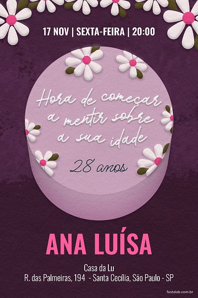 Modelo de Convite de Aniversario Adulto - Cake roxo Convite Cake roxo grátis para editar