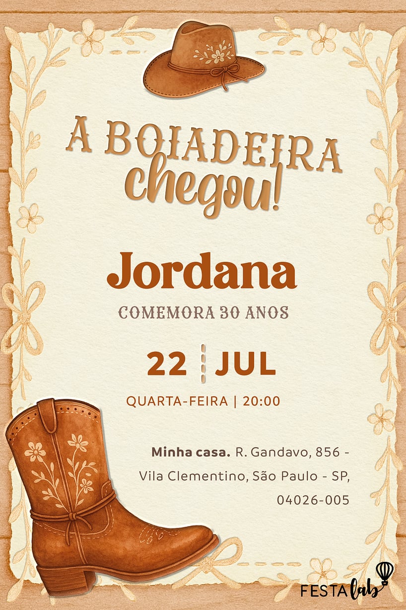 Criar convite de aniversário - Boiadeira Rústico| FestaLab