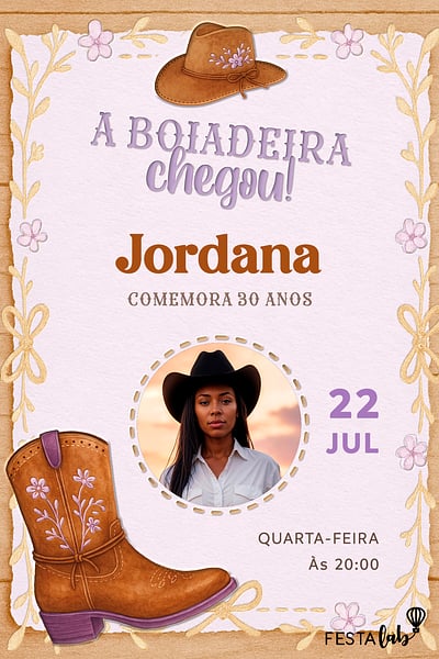 Criar convite de aniversário - Boiadeira Rústico Lilás| FestaLab