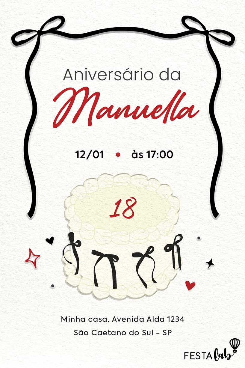 Convite Bolo de laço grátis para editar