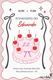 Modelo de Convite de Aniversario Adulto - Bolo de Laco Rosa Convite Bolo de Laço Rosa grátis para editar