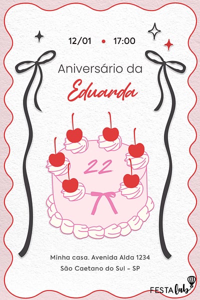 Modelo de Convite de Aniversario Adulto - Bolo de Laco Rosa Convite Bolo de Laço Rosa grátis para editar