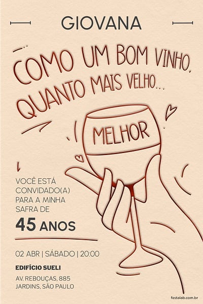 Modelo de Convite de Aniversario Adulto - Bom Vinho Convite Bom Vinho grátis para editar