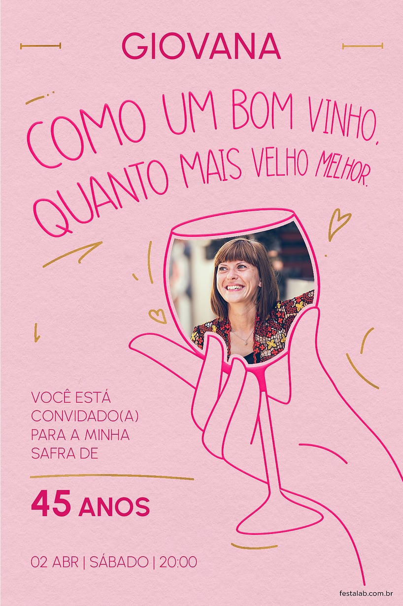 Convite Bom Vinho Rosa grátis para editar
