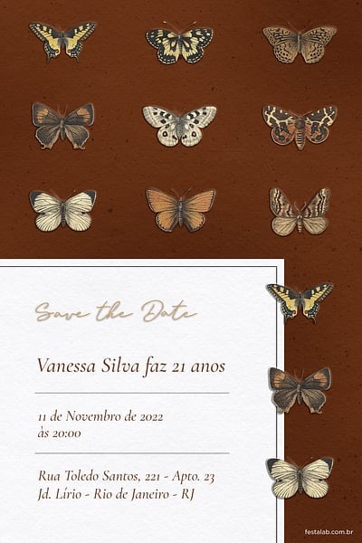 Modelo de Convite de Aniversario Adulto - Borboleta Rustica Convite Borboleta Rústica grátis para editar