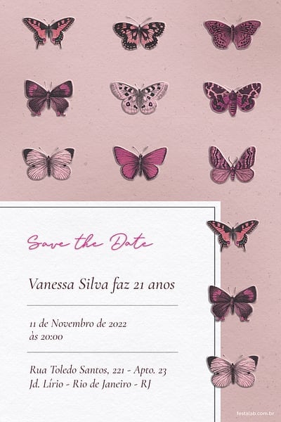 Modelo de Convite de Aniversario Adulto - Borboleta Rustica Rosa Convite Borboleta Rústica Rosa grátis para editar