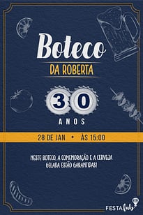 Modelo de Convite de Aniversario Adulto - Boteco Classico azul e amarelo Convite Boteco Clássico azul e amarelo grátis para editar