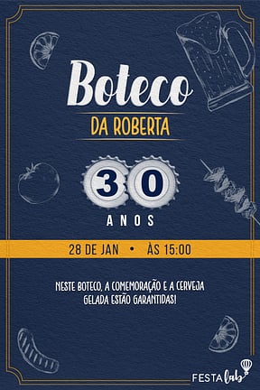Modelo de Convite de Aniversario Adulto - Boteco Classico azul e amarelo Convite de Aniversario Adulto - Boteco Classico azul e amarelo