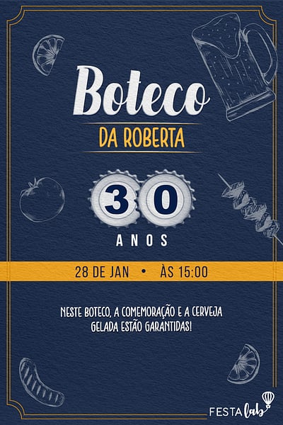 Modelo de Convite de Aniversario Adulto - Boteco Classico azul e amarelo Convite Boteco Clássico azul e amarelo grátis para editar
