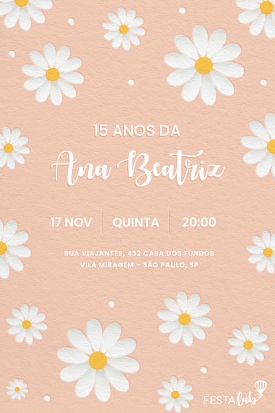 Modelo de Convite de Aniversario Adulto - Campo de Margaridas Convite Campo de Margaridas grátis para editar