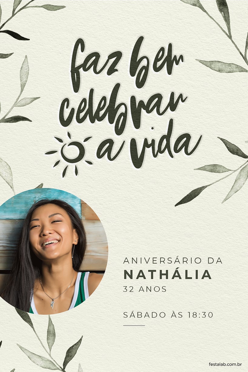 Modelo de Convite de Aniversario Adulto - Celebracao Folhagem Convite Celebração Folhagem grátis para editar