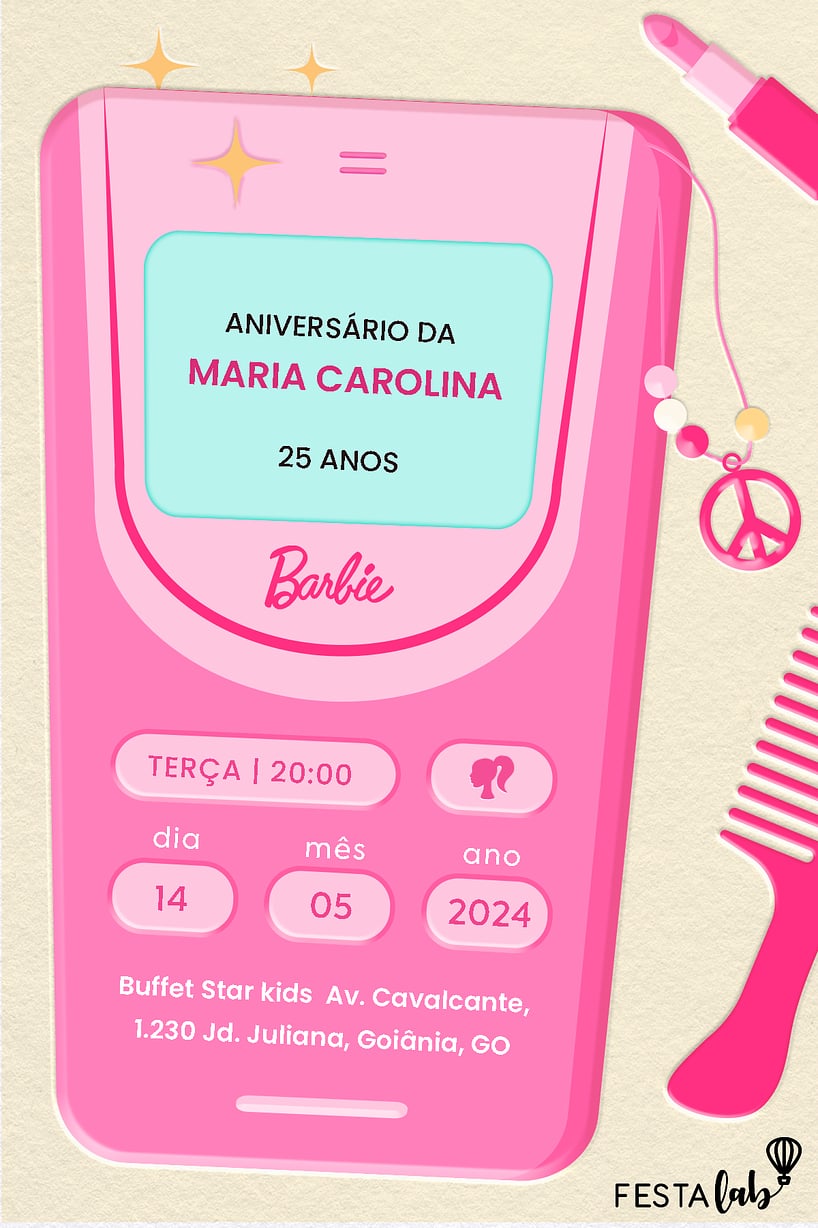 Convite de Aniversario Adulto - Celular da Barbie