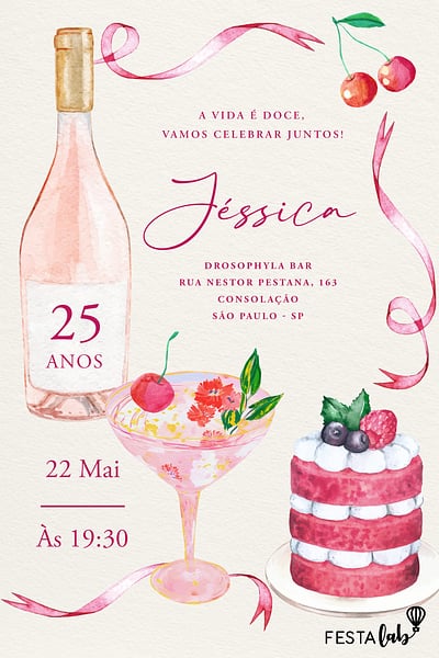 Modelo de Convite de Aniversario Adulto - Cherry Coded Convite Cherry Coded grátis para editar